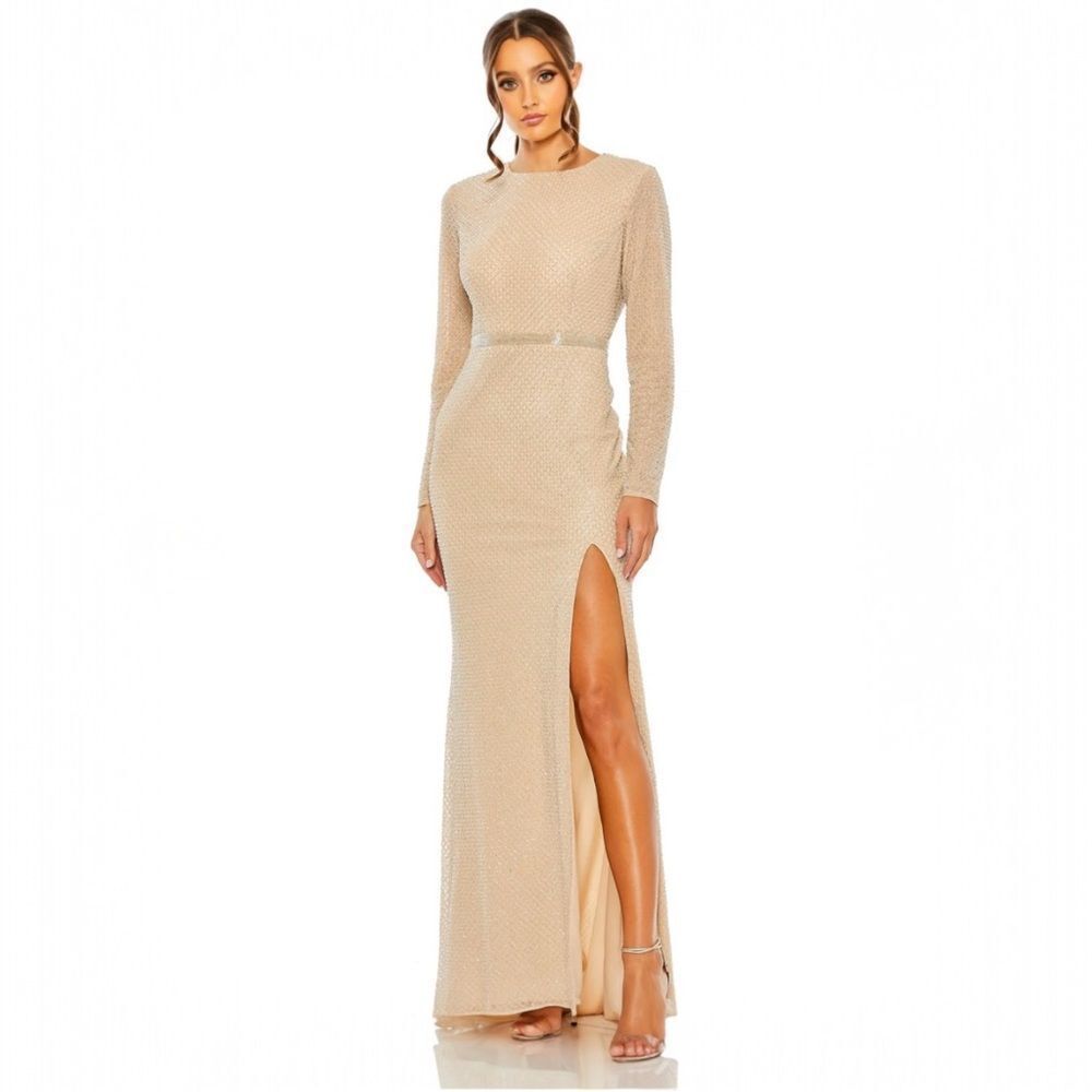 Mac Duggal 6089 Beaded High Neck Long‎ Sleeve Gown